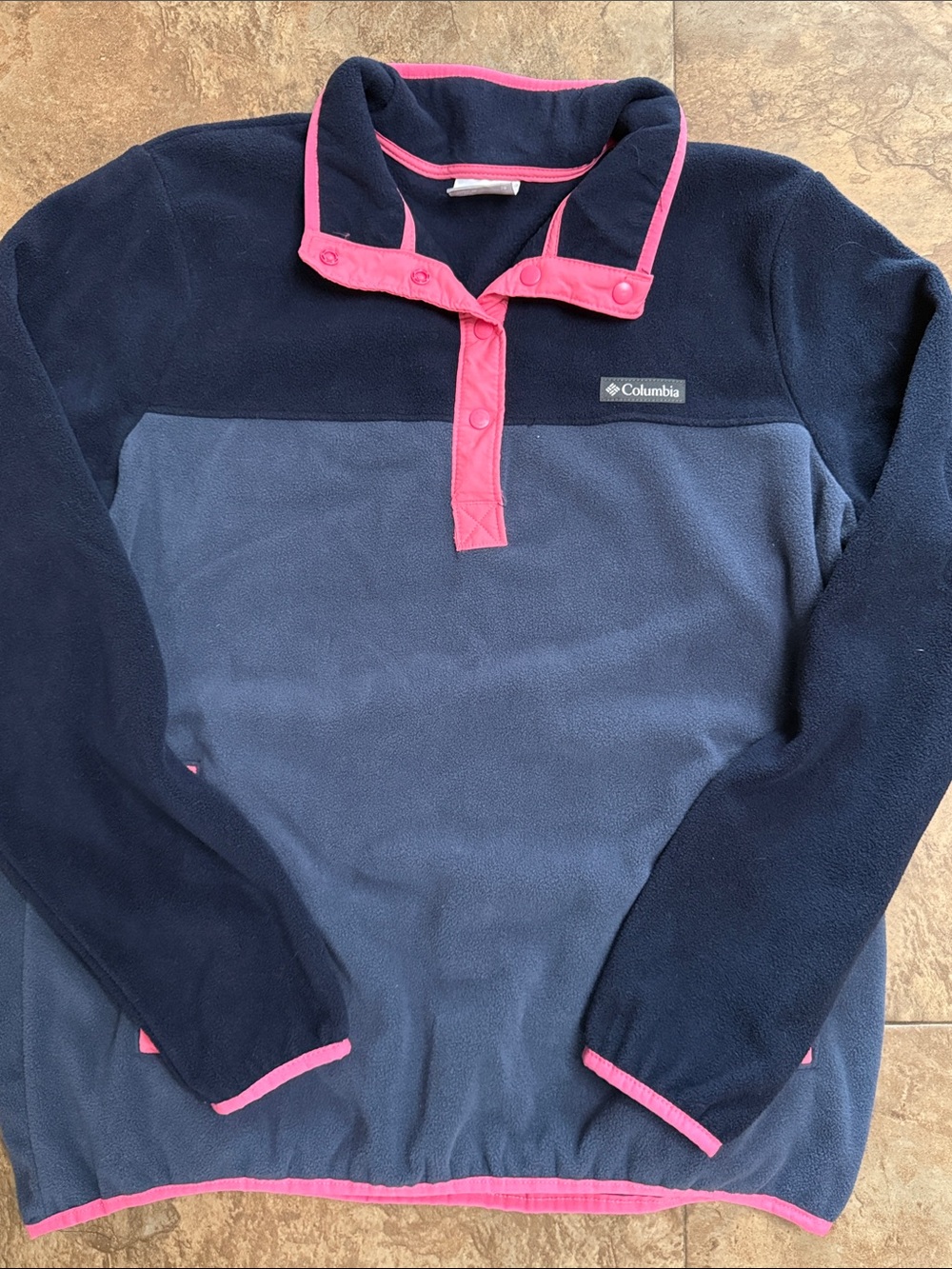 Columbia Navy, Dusty Blue and Pink Snap-Front Fleece Pullover XL